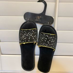 I•N•C•-Black Micro Fiber Slippers w/Silver Ditsy Print Stars-Sz XL (11/12)-NWT